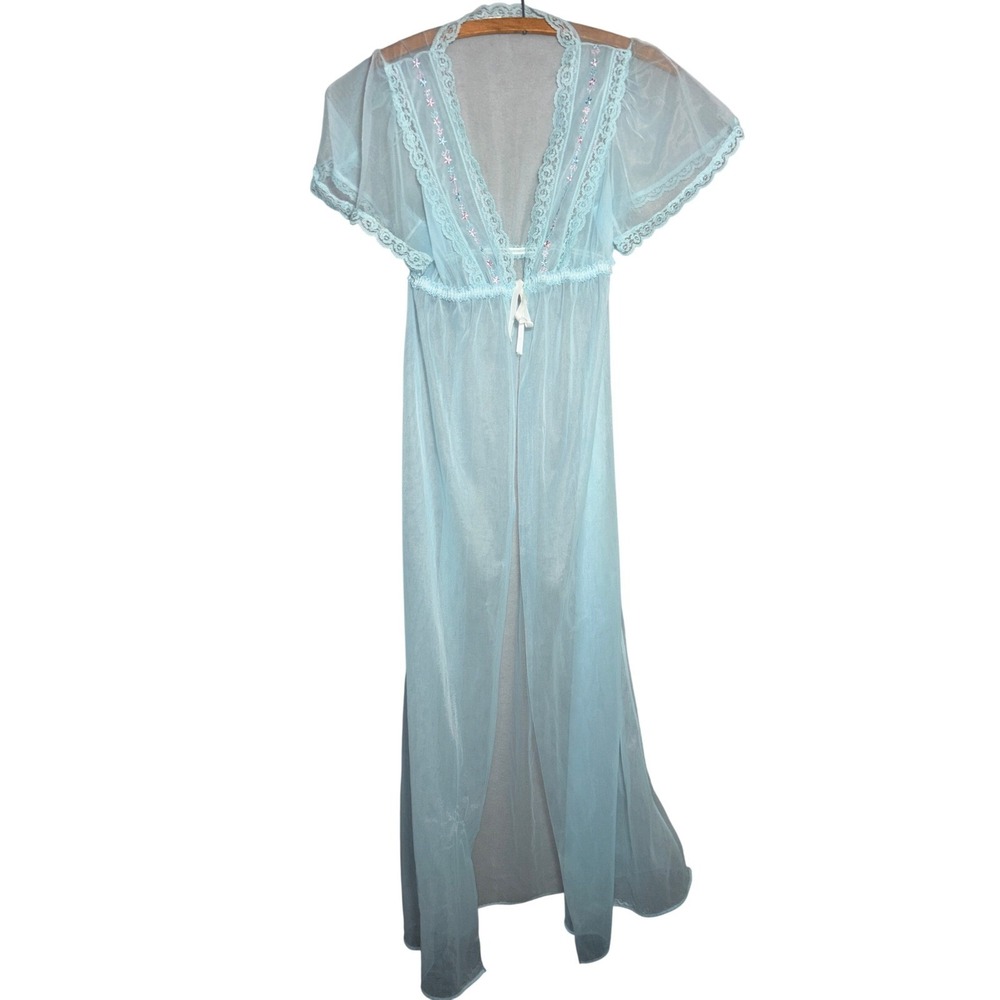 Vintage Spotlight Blue Sheer Lace Embroidered Empire Robe S Cottagecore Prairie